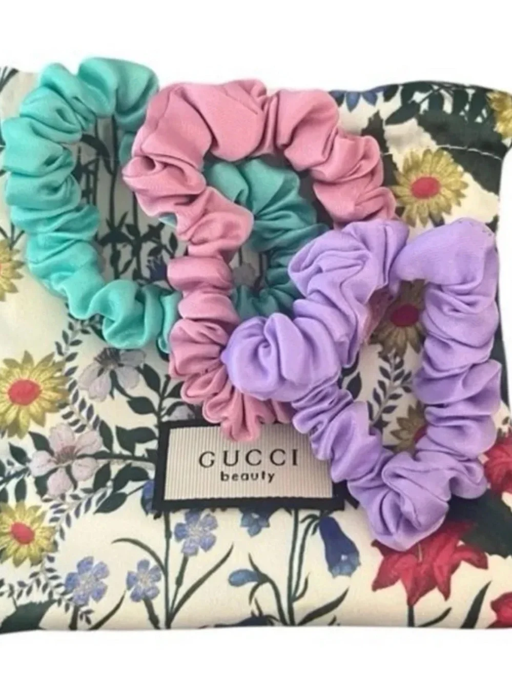Gucci Floral Satin Scrunchie Trio in Purple, Pink & Teal with Floral Pouch